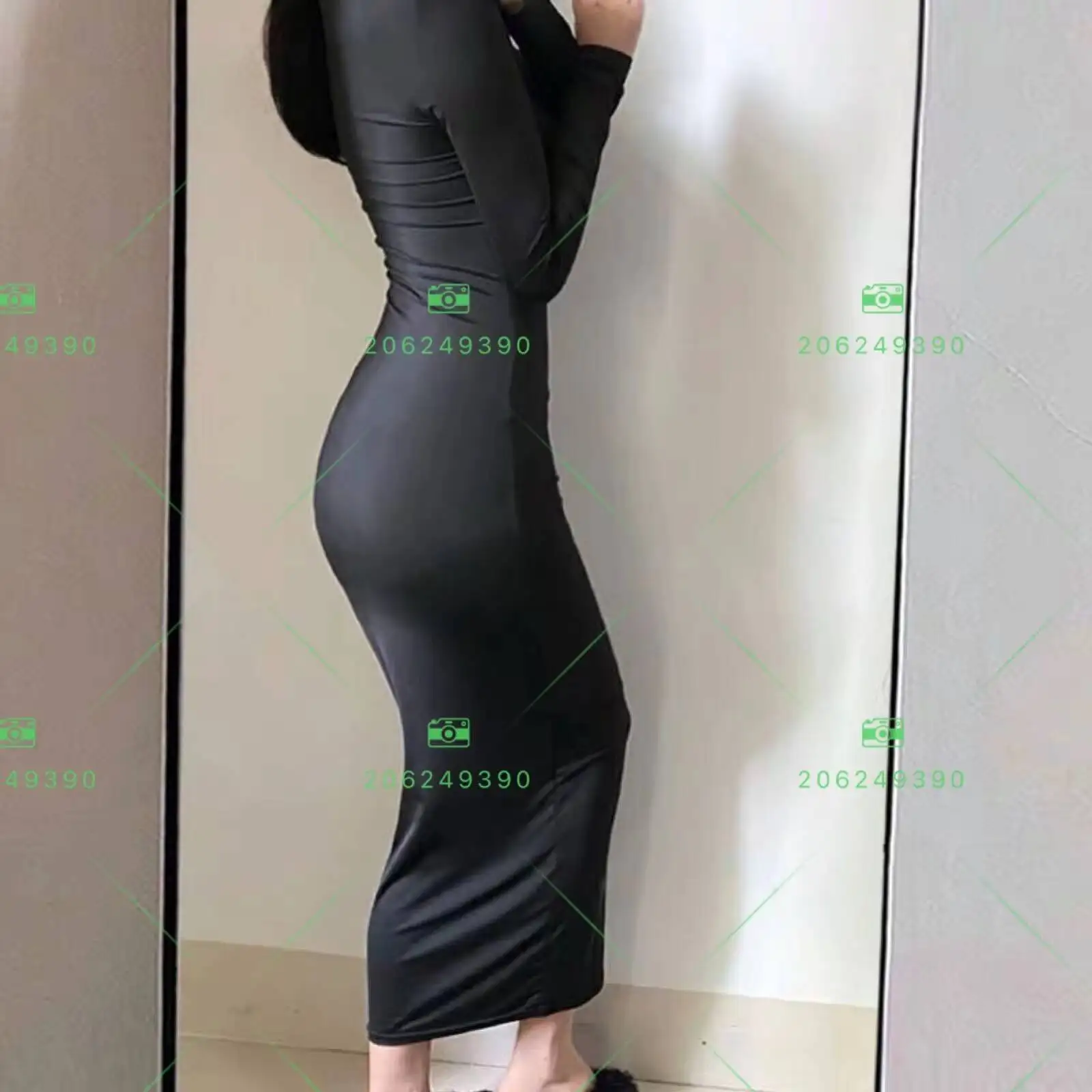 

Glossy Ice Silk Women Satin Long Sleeve Bodycon Dress Maxi Dress Plus Size Sleeping Pajamas Robe