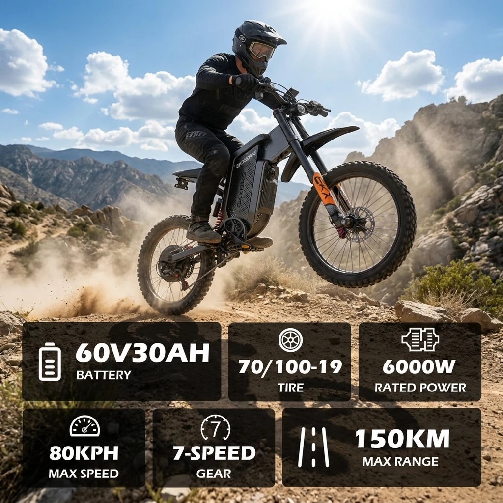 Adult Off‑Road MTB Ebike EKXBIKE X21 Max High Speed Electric Motorcycle With 6000W Brushless Gearless Motors, 60V30AH Lithium Battery, Max Speed Up To 85Kmh