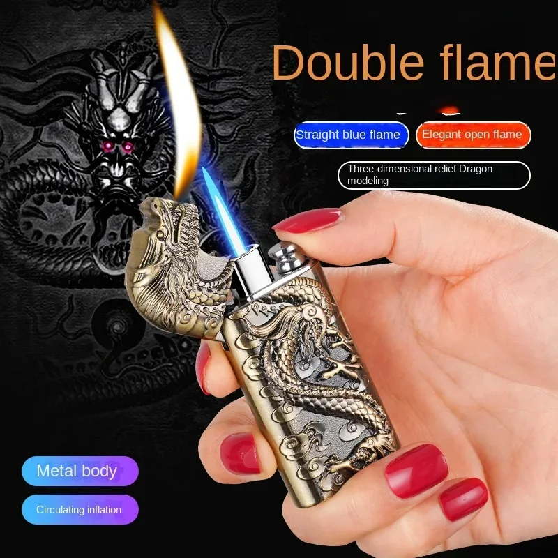 New Dual Flame Modified Gas Lighter Metal Three-Dimensional Embossed Dragon Jet Torch Lighter Cigarette Accessories Men\'s Gift