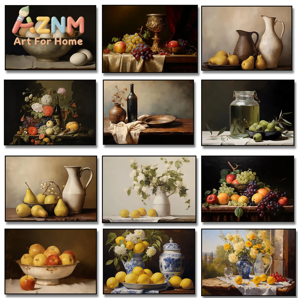 1pc framless Canvas Painting Antique Fruits Still Life Apples Lemon Eggs Flower Olive Canvas Painting Poster Print Vintage Kitch