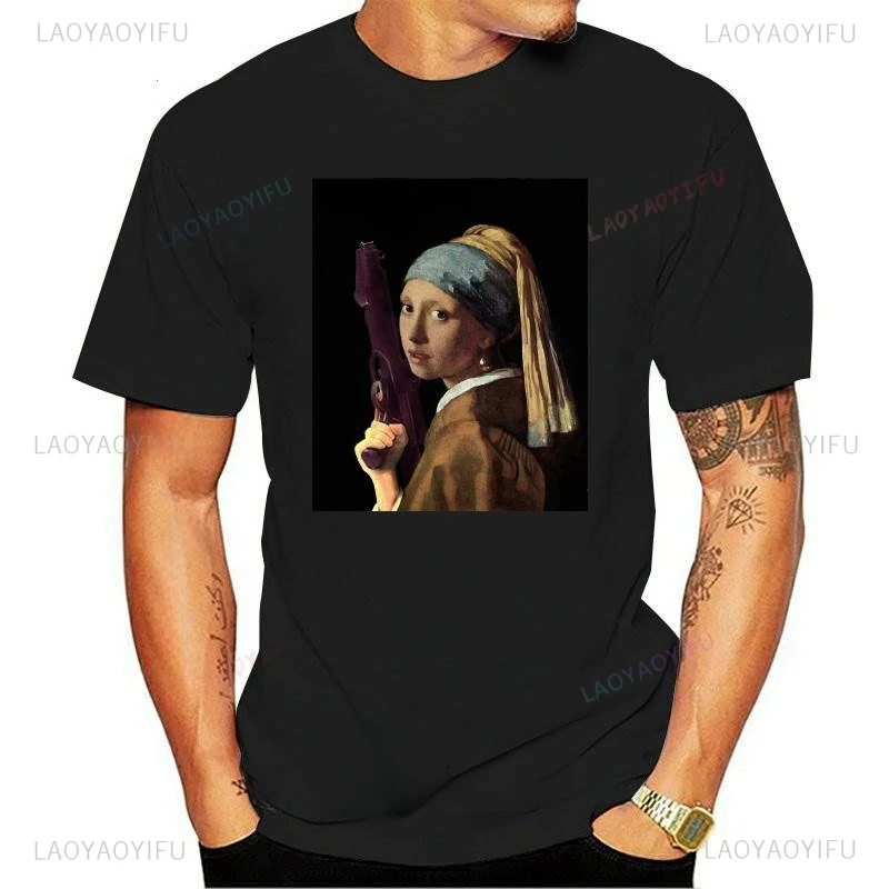 Girl with A Pearl Earring Holding A Ray Gun Johannes Vermeer T-Shirts Men Art Short Sleeve New Arrival T Shirts Ventilate Tops