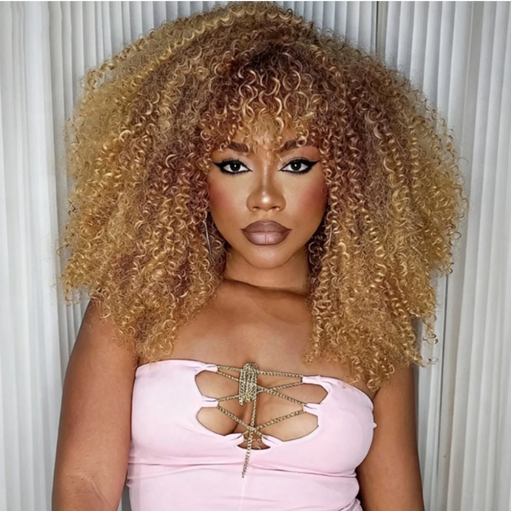 Blonde Afro Wigs Blend Wigs Synthetic Curly Wigs Fiber Machine Made Glueless Wig 16 Inch Curly Wig With Bangs For Black Women