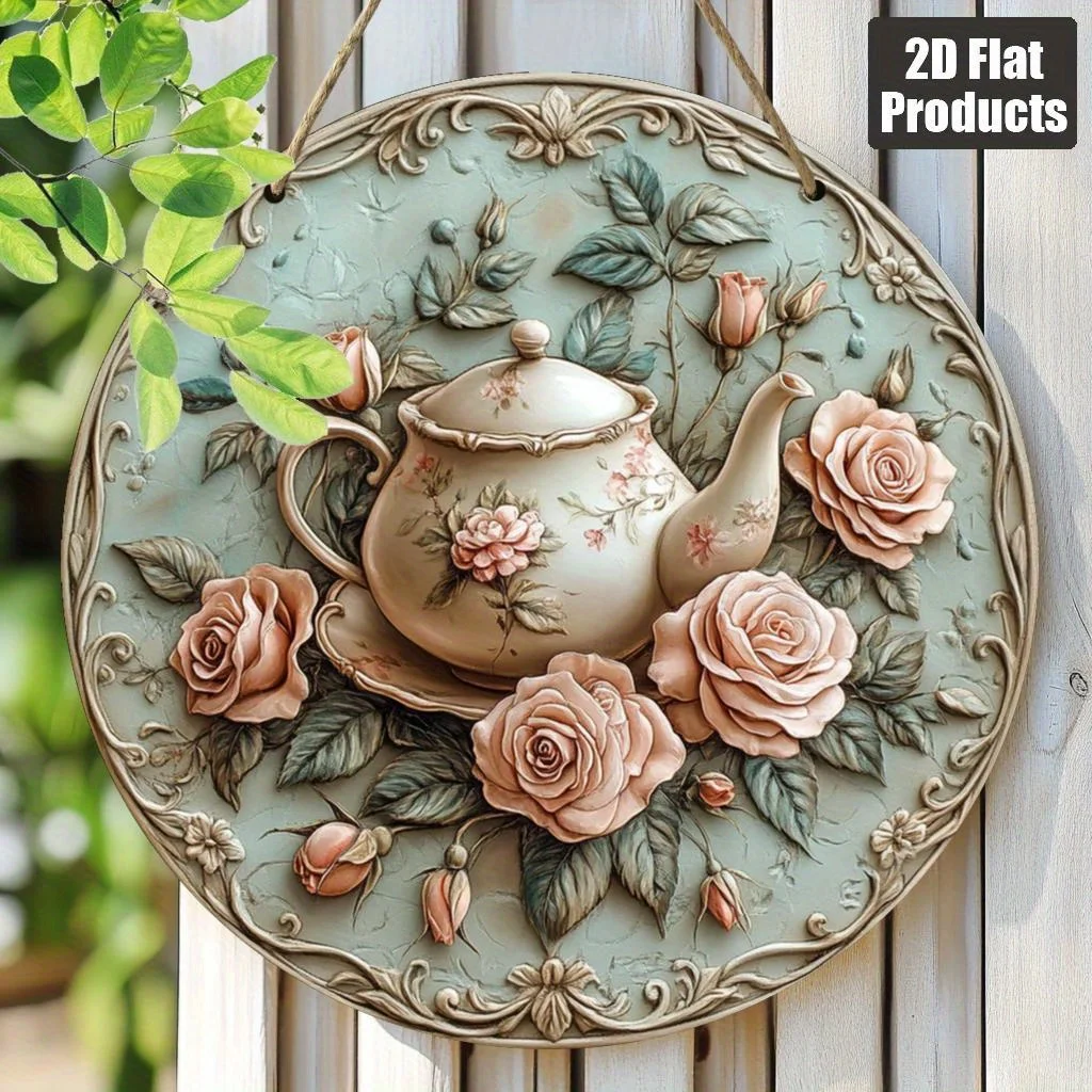 Ein flaches 2D-Stück kreisförmiges Holzschild für das Nachmittagstee-Thema – mit floralem Teekanne und Rosendesign, für die Inneneinrichtung