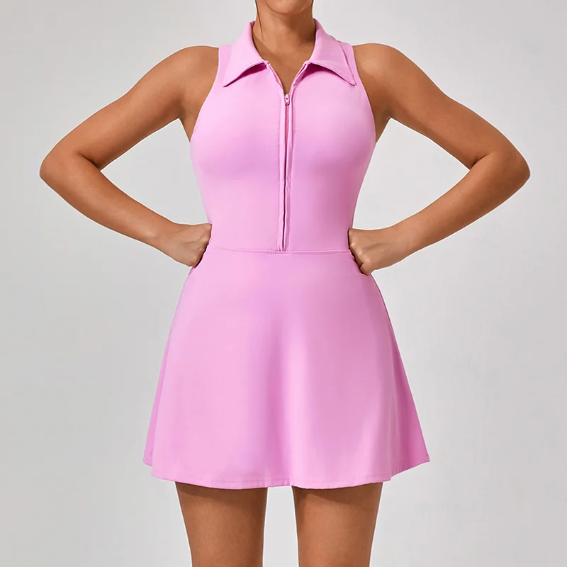 Vestido de treino com zíper sem mangas para mulheres, vestidos atléticos, saia de tênis, vestido de golfe com shorts e bolsos, 2024