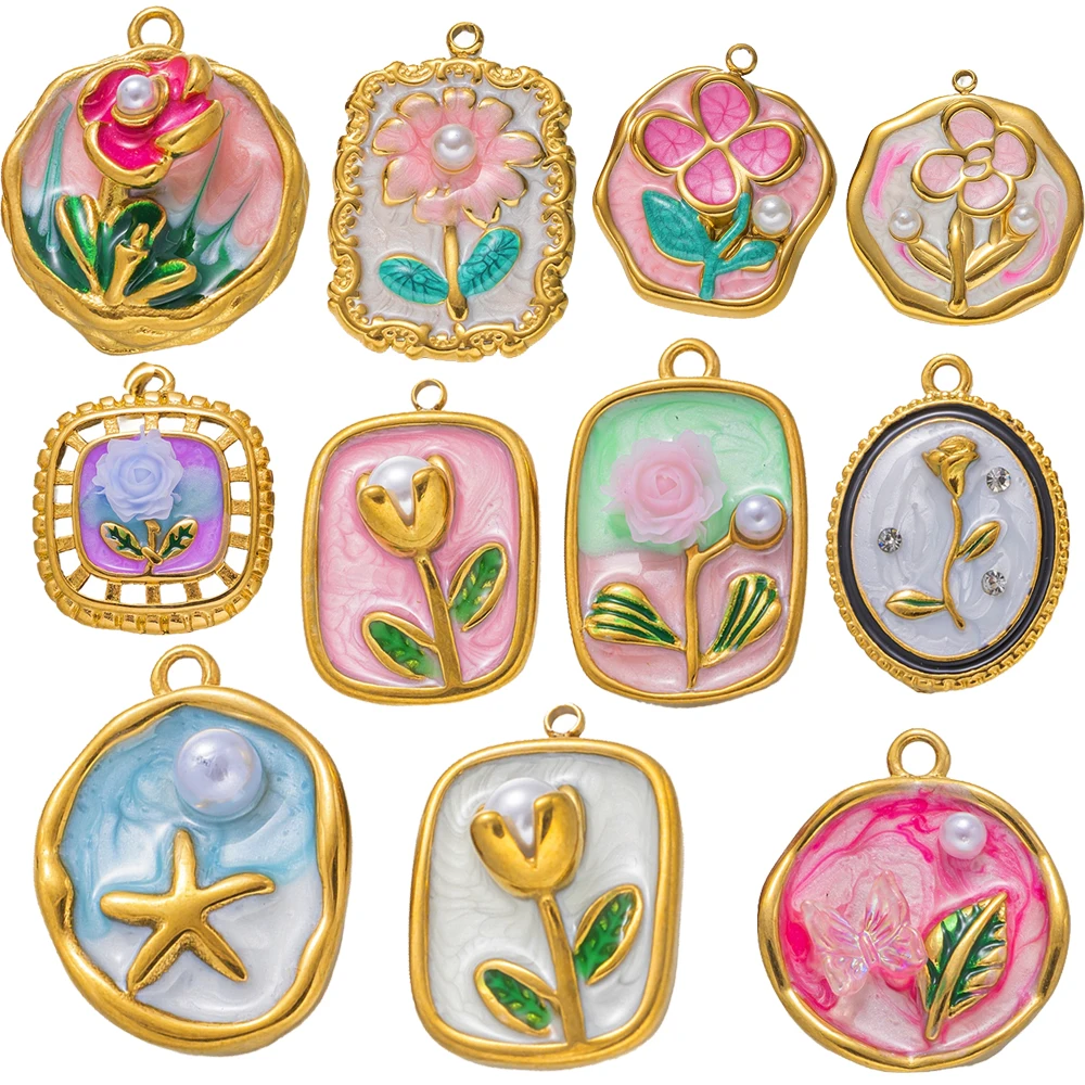 2pcs Gold Stainless Steel Enamel Flower Charms Pendants for Jewelry Making Bulk lot Necklace Earrings Bracelet Craft Findings