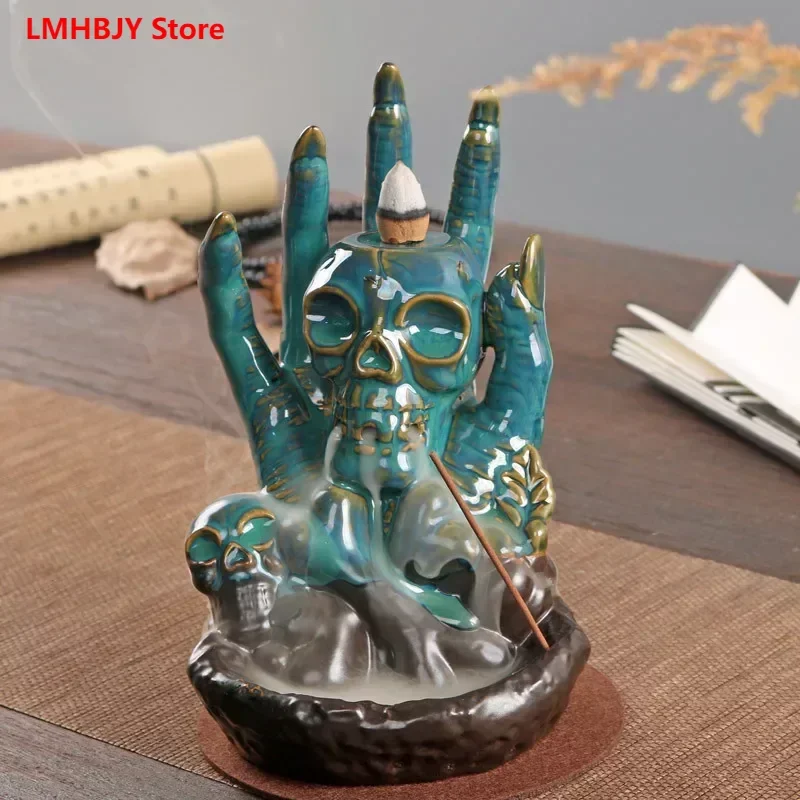 LMHBJY Creative American Ghost Festival Skull Hand Backflow Furnace Ceramic Halloween Blue Bergamot Backflow Incense Burner