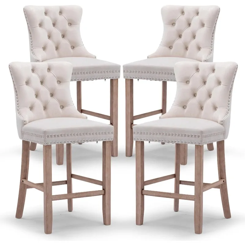 

SoarFlash Modern Velvet Upholstered Bar Stools Set of 4 with Wood Legs, Button Tufted,Chrome Nailhead
