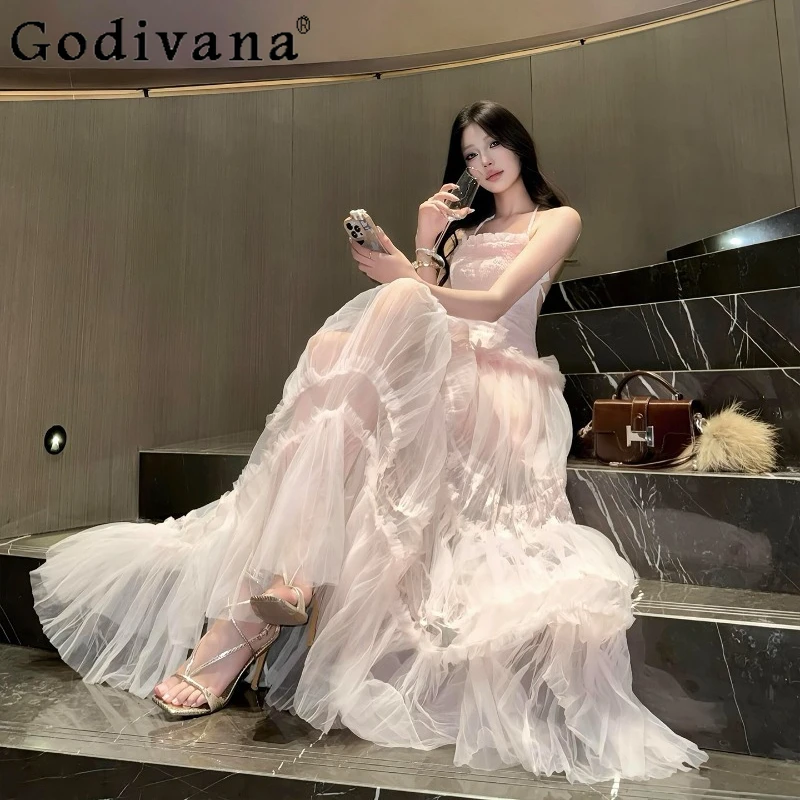 

Pink Halter Neck Lolita Dress for Women Elegant Birthday Party Grown Up Dress Female Ceremony Mesh Patchwork Birthday Dress