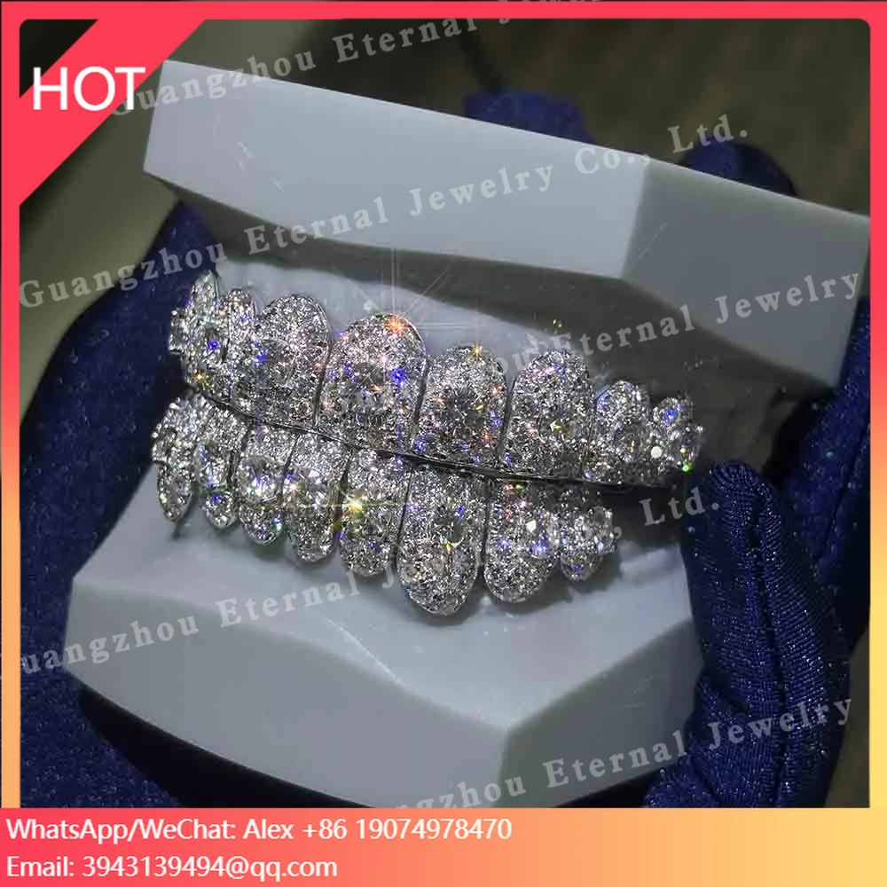 

Custom Iced Out Bling Top Bottom 8 10 12 S925 Silver VVS Moissanite Diamond Grillz 10K 14K 18K Solid White Gold Grillz For Teeth