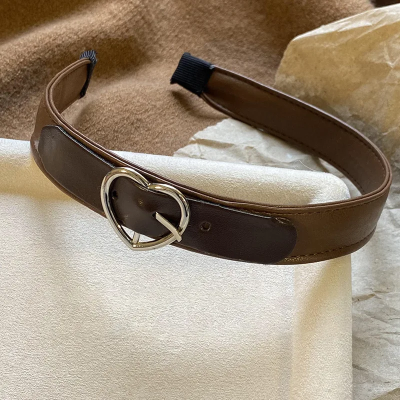 Fashion Coffee Brown Leather Buckle Hairband Hair Accessories Head Band for Women Spring Autumn Warm PU Leather Heart Headbands