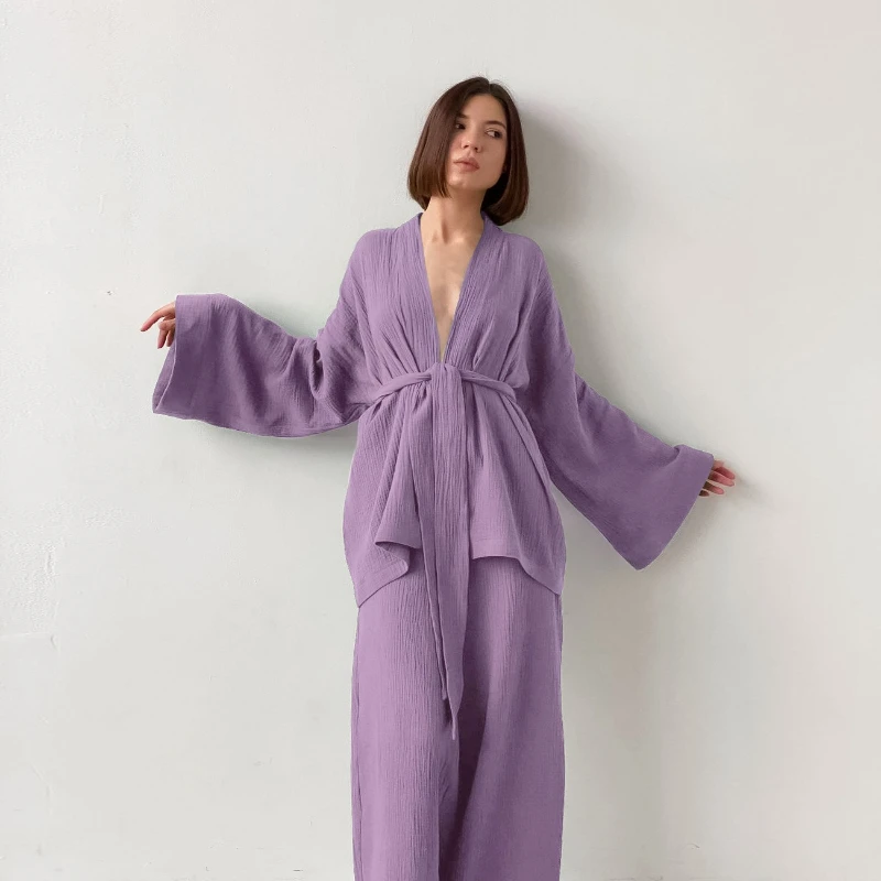 

Casual 100% Cotton Sleepwear Women Flare Sleeve Wrap Pajama Sets Nightgown Set Woman 2 Pieces Robes Lace Up Trousers Suits 2026