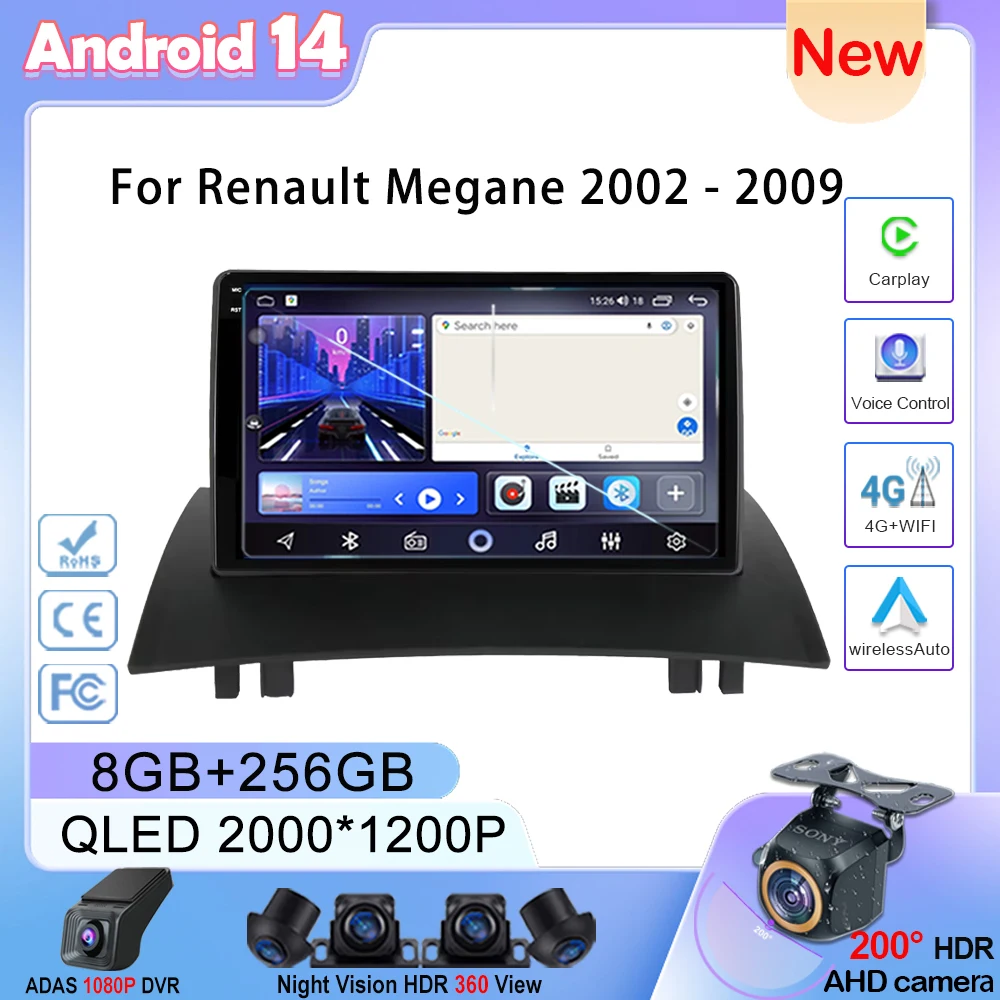 

For Renault Megane 2002 - 2009 Car Radio Android GPS Navigation Head Unit Multimedia Player Carplay DVD BT 2K NO 2din 5G Screen
