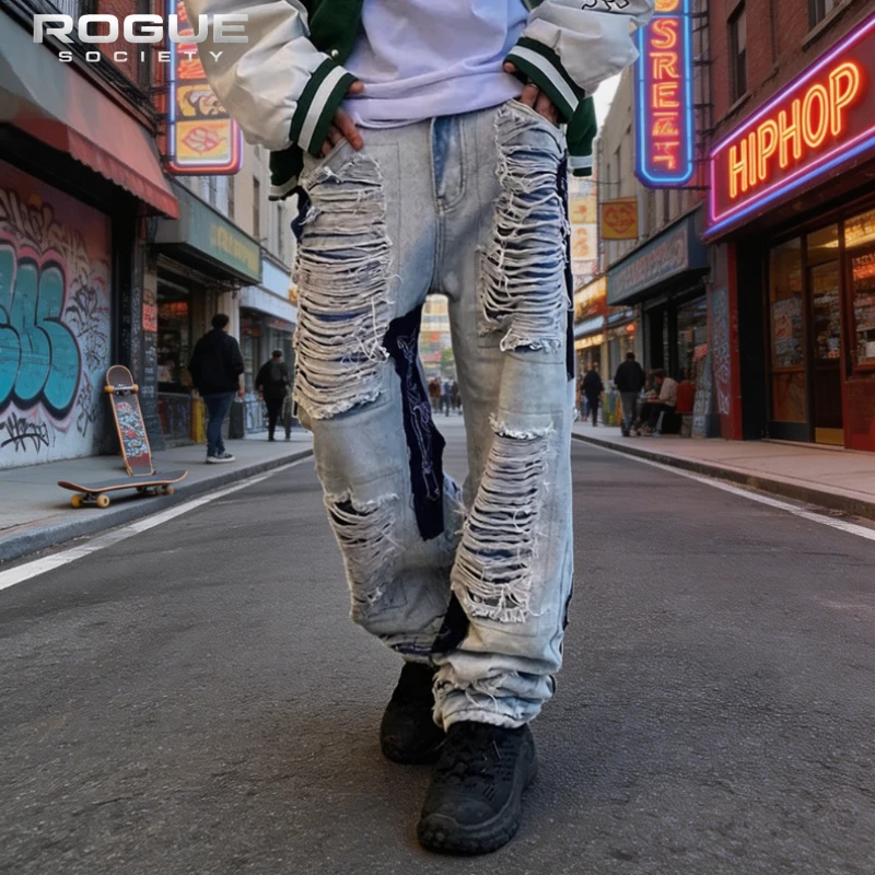 

Summer Retro Distressed Embroidered Jeans Men Y2K Wash Ripped Luxury Denim Pants Streetwear Baggy Hiphop Grunge Trousers Unisex