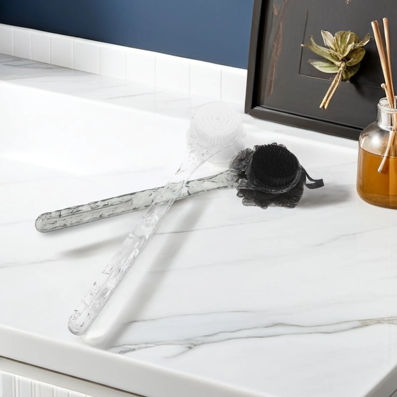 

2pcs Ice Pattern Bath Back Scrubber Double Sided Loofah Brush Long Handle Shower Cleaning Tool Body Exfoliation Back