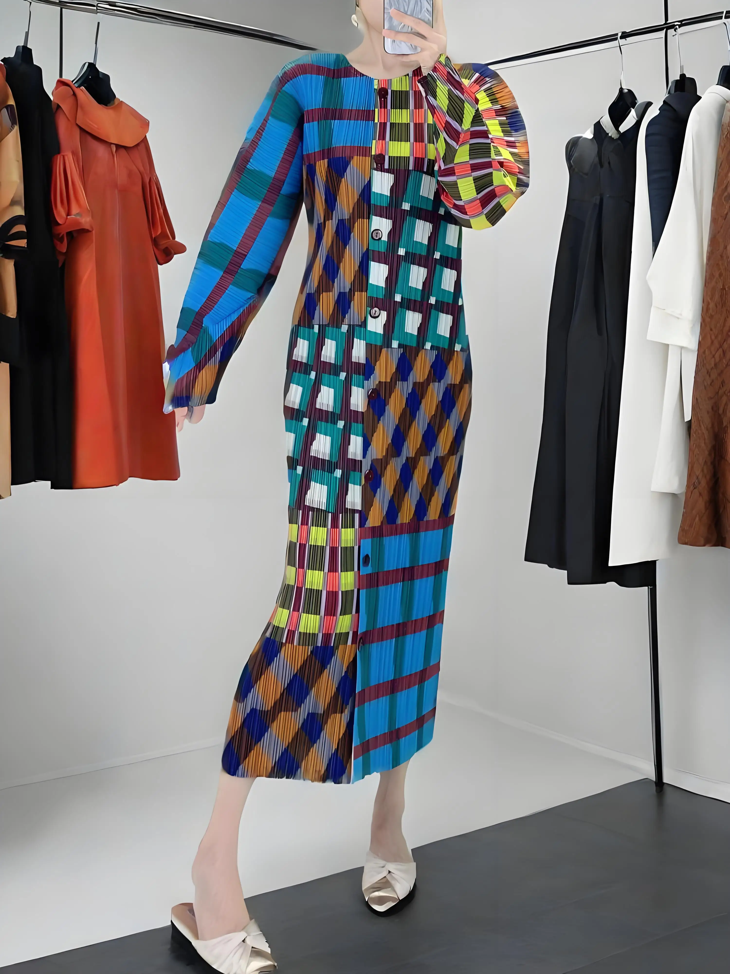 

Miyake Spring and Autumn New 2025 Fashion Women's Dresses Plaid Striped Printed Pleated Skirt Vintage Vacation Long Sleeve Skirt
