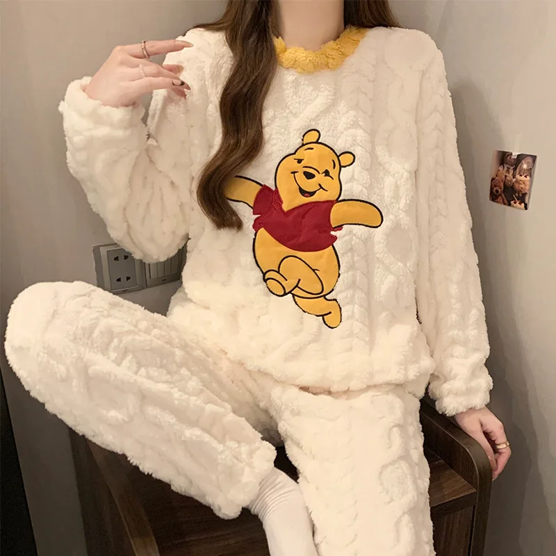 Winnie thePooh pajamas winter long-sleeved trousers warm two-piece set cartoon Disney loungewear Winnie the Pooh women's pajamas