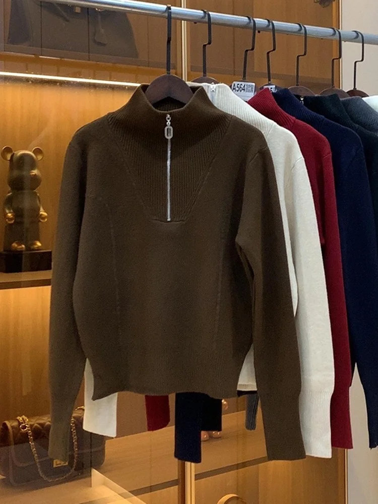 Faionable Strickpullover für Damen, mit Reißverschluss, Umlegekragen, schlankmachende Overhead-Innenbekleidung, Winter 2024, lockere Passform, lang, Sve