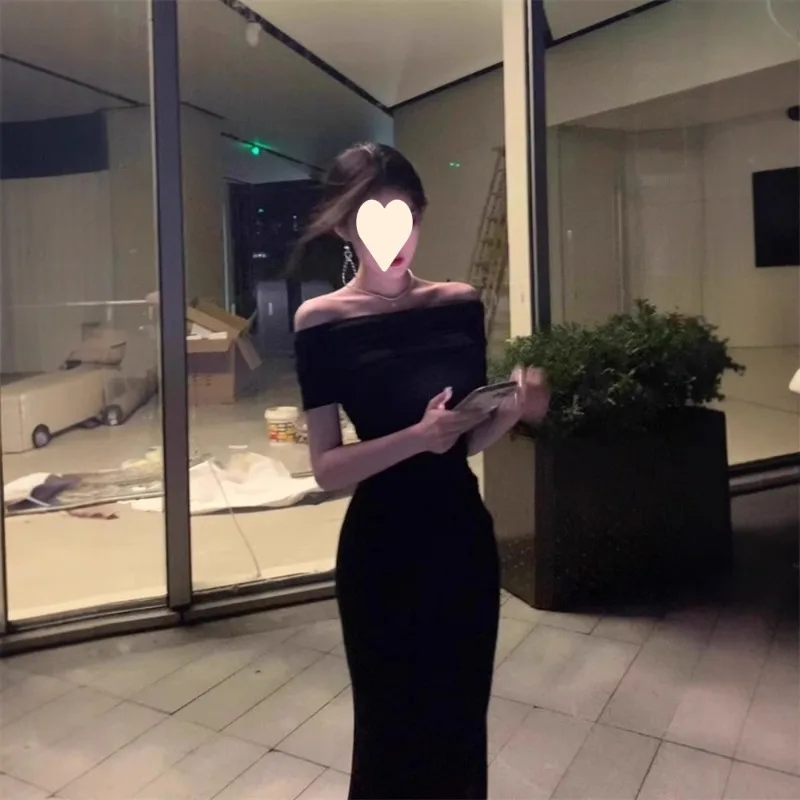 Vestido con cuello de una línea para mujer, falda larga adelgazante que cubre la cintura y la cadera, temperamento de verano