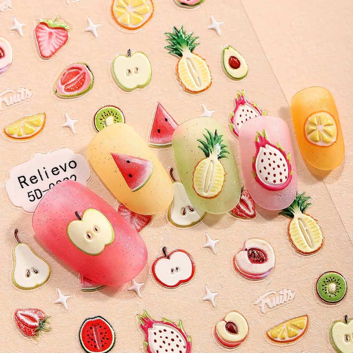 5D ฤดูร้อนผลไม้เล็บสติกเกอร์ลายนูนสตรอเบอร์รี่เชอร์รี่แตงโมกีวี Bownet Self-Adhesive DIY Decals ตกแต่งเล็บ