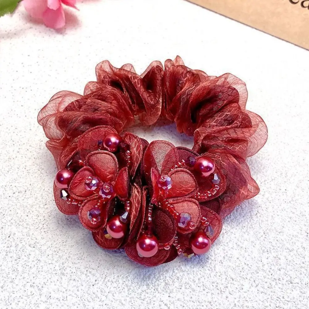 Fashion Rhinestone Flower Hair Scrunchies Double Layer Lace Hair Ties Mesh Hair Accessories Parties Daily Use