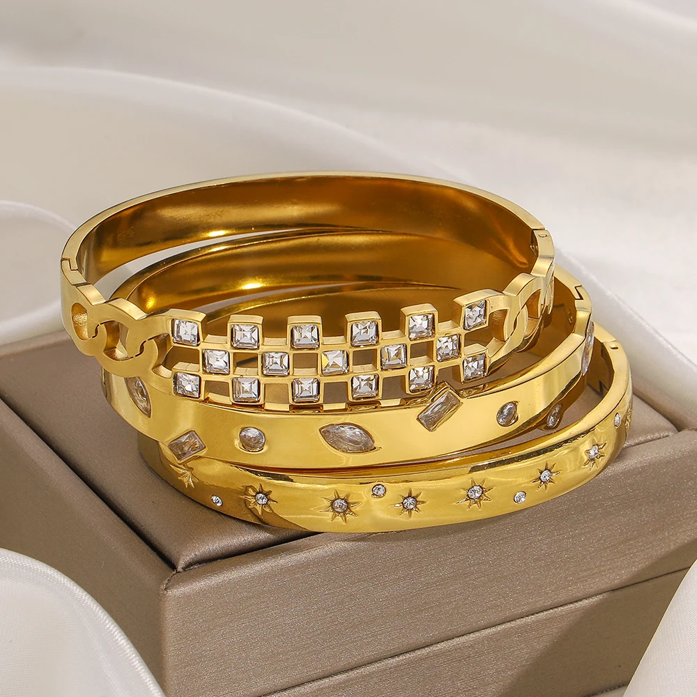 Greatera Vintage Oval Green Rhinestone Spliced Bracelet Personality Diverse Geometry Stainless Steel Star-studded Cuff Bangle