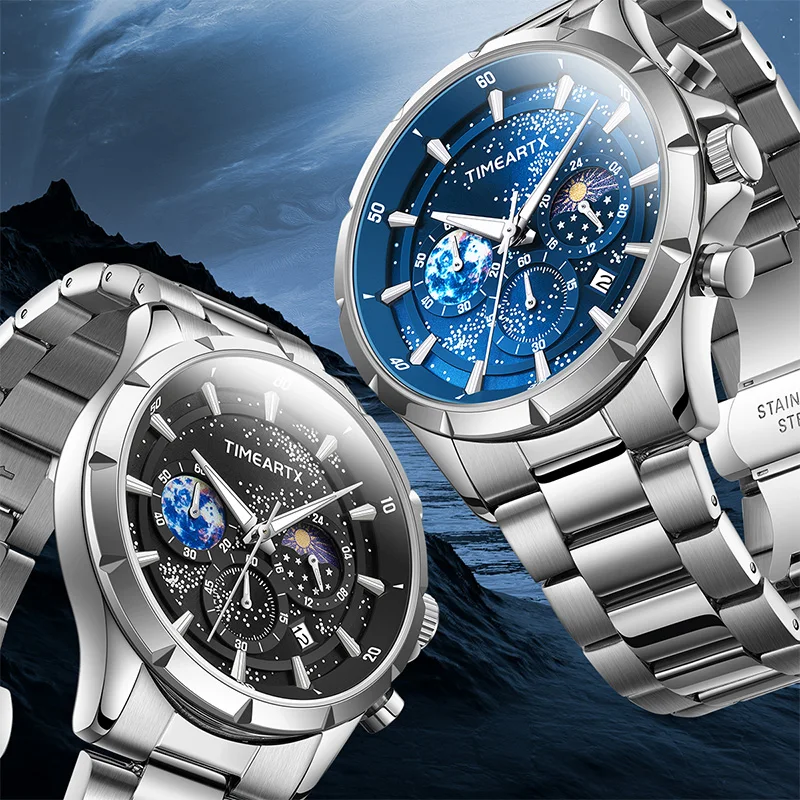 

Брендовые кварцевые часы Timeartx 5870, модные деловые часы с фазой Луны, светящиеся звездное небо, часы с датой, часы для мужчин