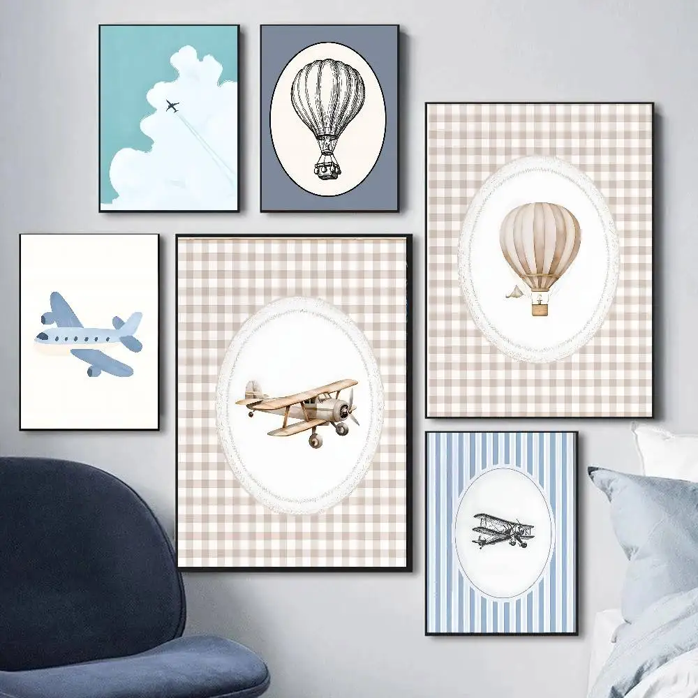 1 Stück Vintage Reise-Jungenzimmer Blaue Heißluftballon-Flugzeug-Zug-Drucke Poster Selbstklebende Kunst Wasserfester Papieraufkleber Kaffee