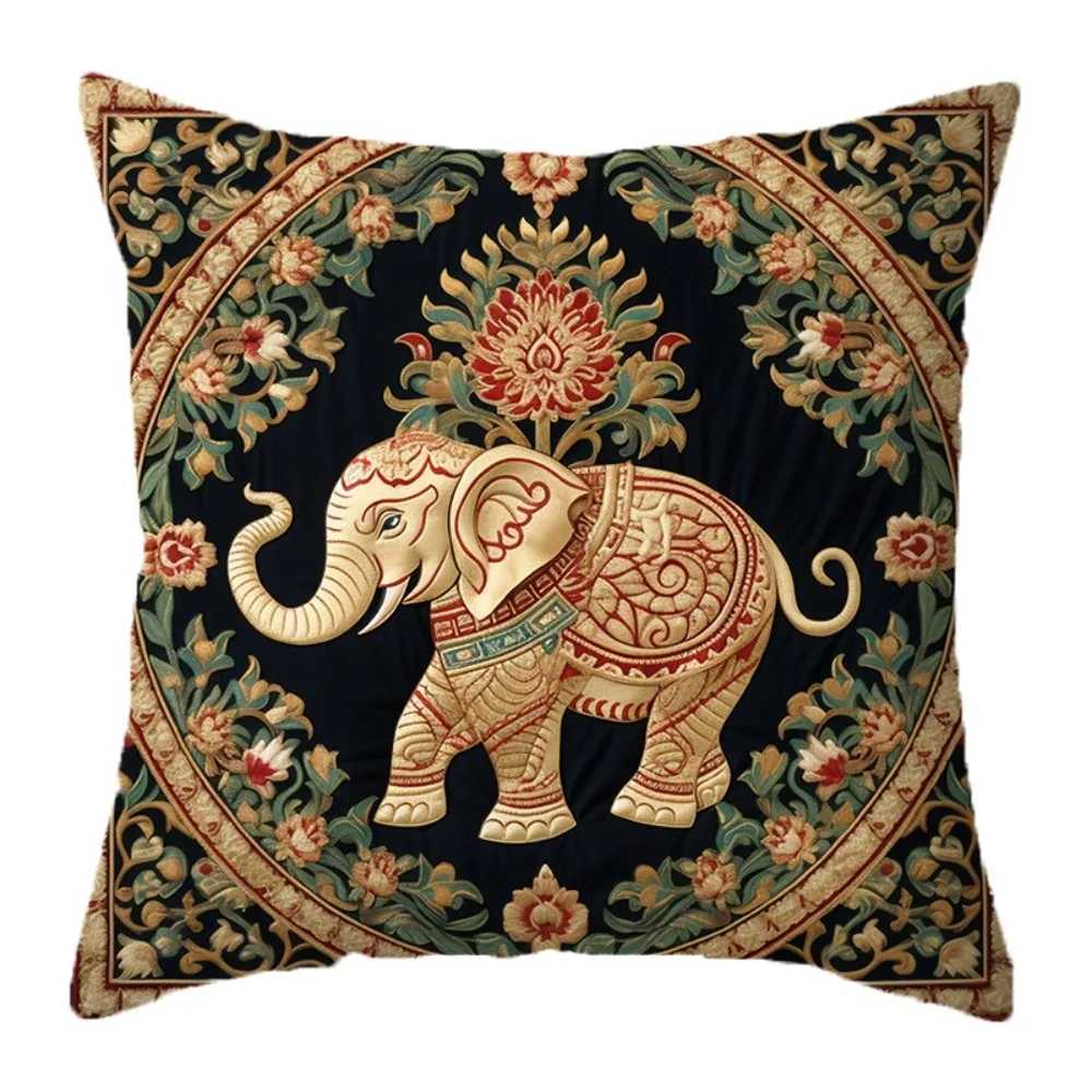 Bohemian Style Elephant Pillow Cover Floral Print Square Shape Elephant Cushion Cover Vintage Pattern Decorative Cushion Case