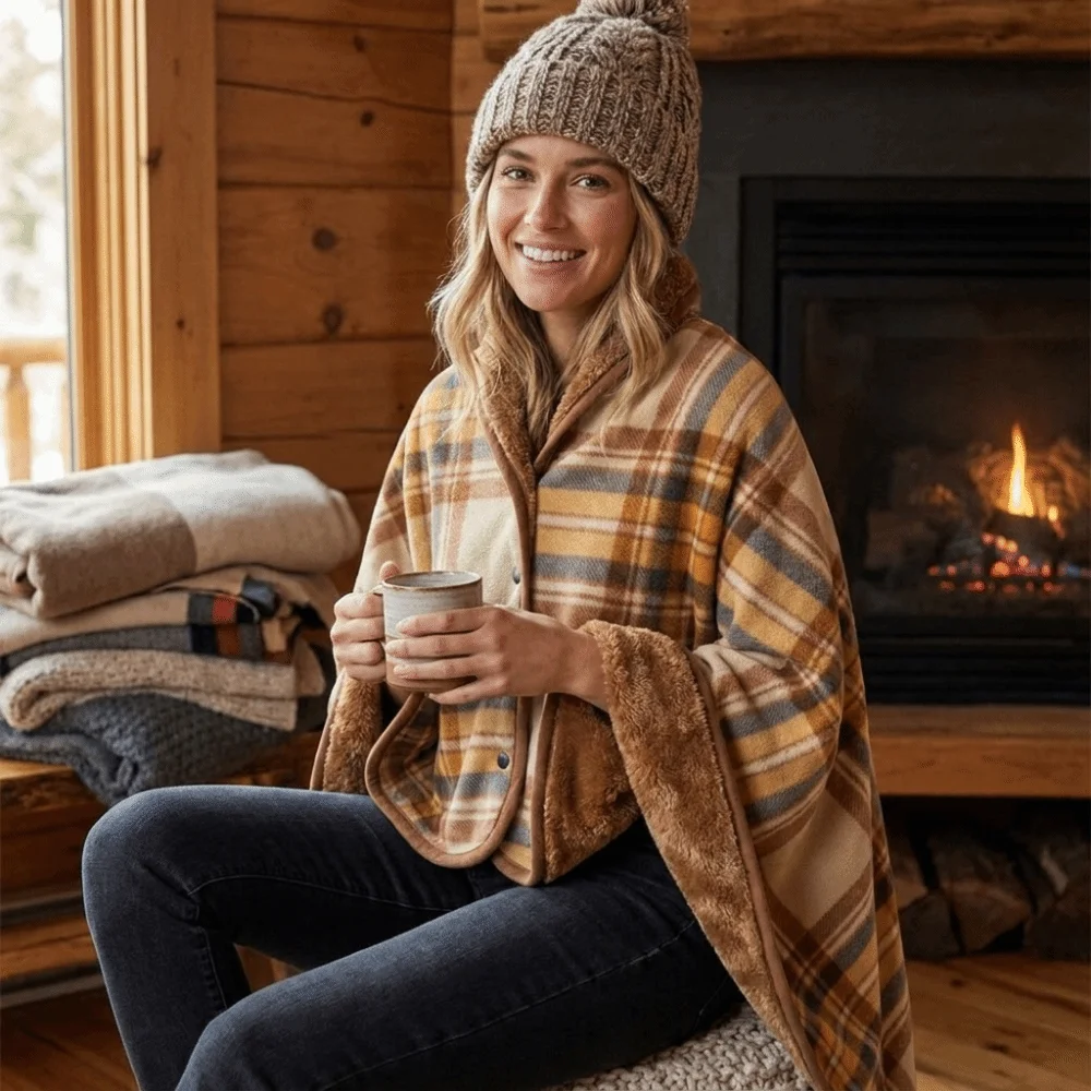 Flannel Material Wearable Blanket Plaid Pattern Soft Texture Throw Blanket Thick Knit Button Closure Wrap Blanket Napping Time