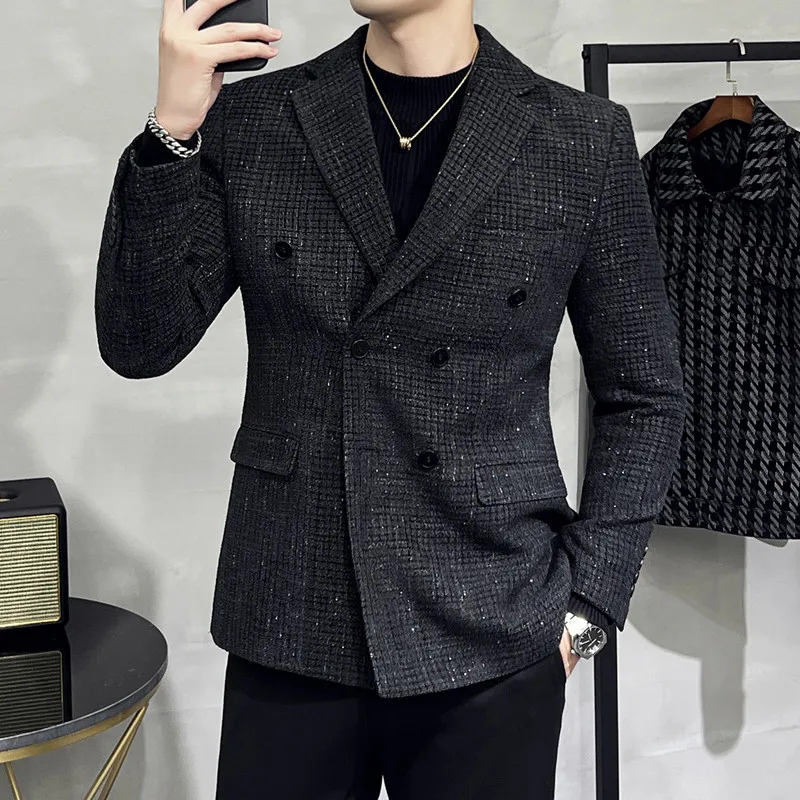 2025 lana de alta calidad ~ elegante todo fósforo textura atractiva gruesa guapo doble botonadura traje Casual hombres chaqueta de traje grueso