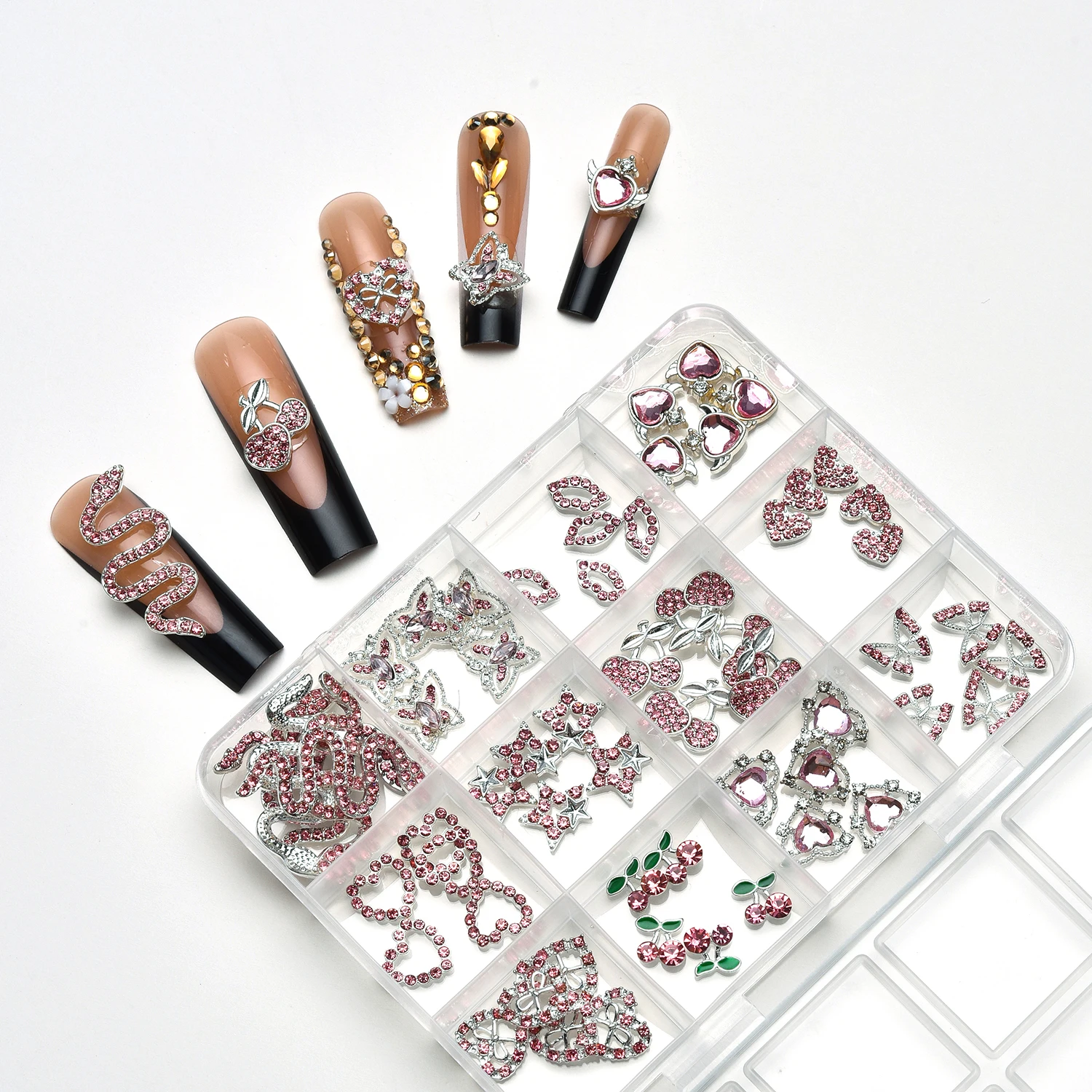 

57pcs Pink Heart Nail Charms Pink Silver Luxury Alloy Charms Butterfly Cherry Planet Snake Crown For Nails 3D Pink Nail Art