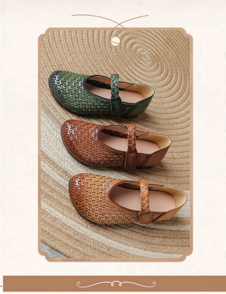 Retro-Kunst-Ästhetik Echtleder Mary Jane Flats Damen Premium Rindsleder Geflochtene Schuhe Elegante Mokassins Vintage-Schuhe – Detail 4