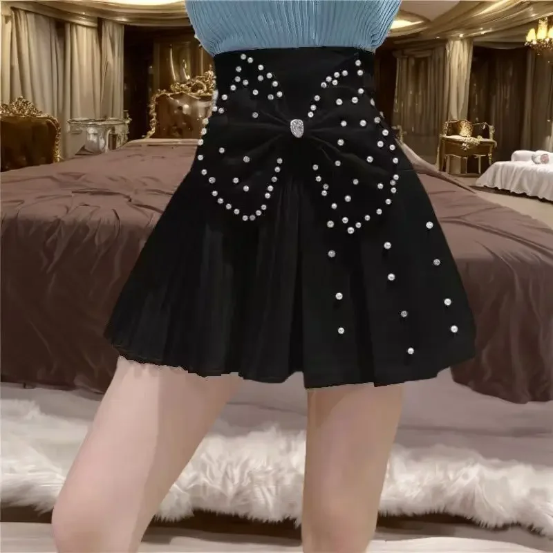 Wedbleser Fashion Nail Bead Inlaid Diamond Sweet Big Bow Splicing Pleated Skirt Women Korean High Waist Elastic Waist Skirts