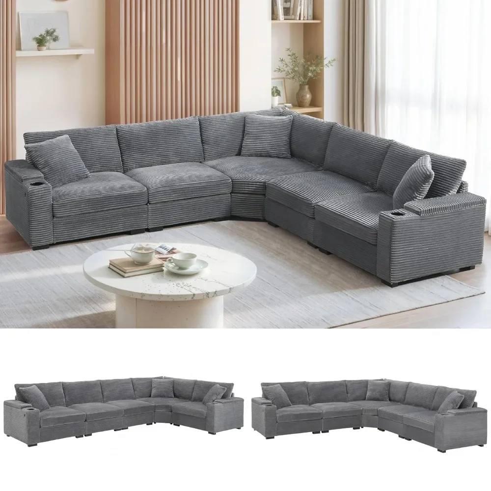 

106" Corduroy Sectional Corner Sofa with Cup Holders & USB Charger, 5 Seat Convertible L Shaped Couch Set with Armrest Storage