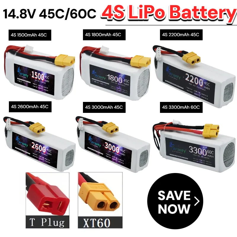 

Super High Power 4S 14.8V Lipo Battery 1500-3300mAh 45C/60C Long Life for RC FPV Drone Quadcopter Racing Car with XT60/Deans