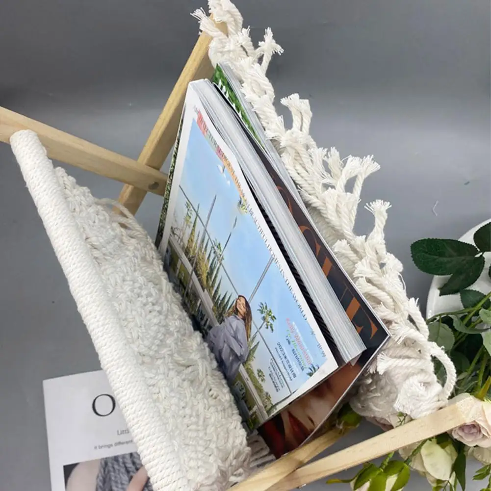 Small Magazine Holder Boho Magazine Rack Storage Organizer Braided Cotton Rope Basket Holder Wooden Stand Space-saving for Home