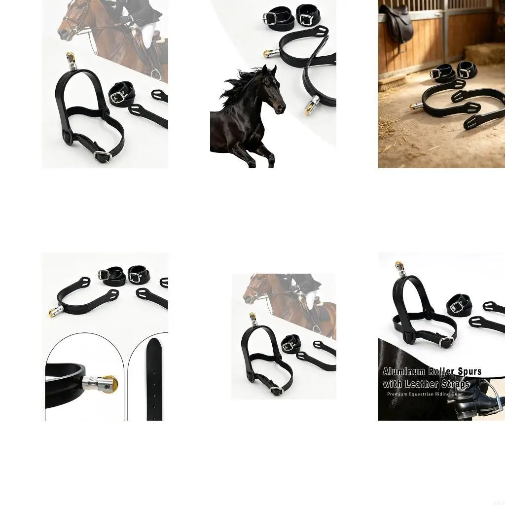 Horse Spur Accessory Set with Metal Roller End Pair, Adjustable Leather Bands for Stable Training, Footwear Hold, and Daily