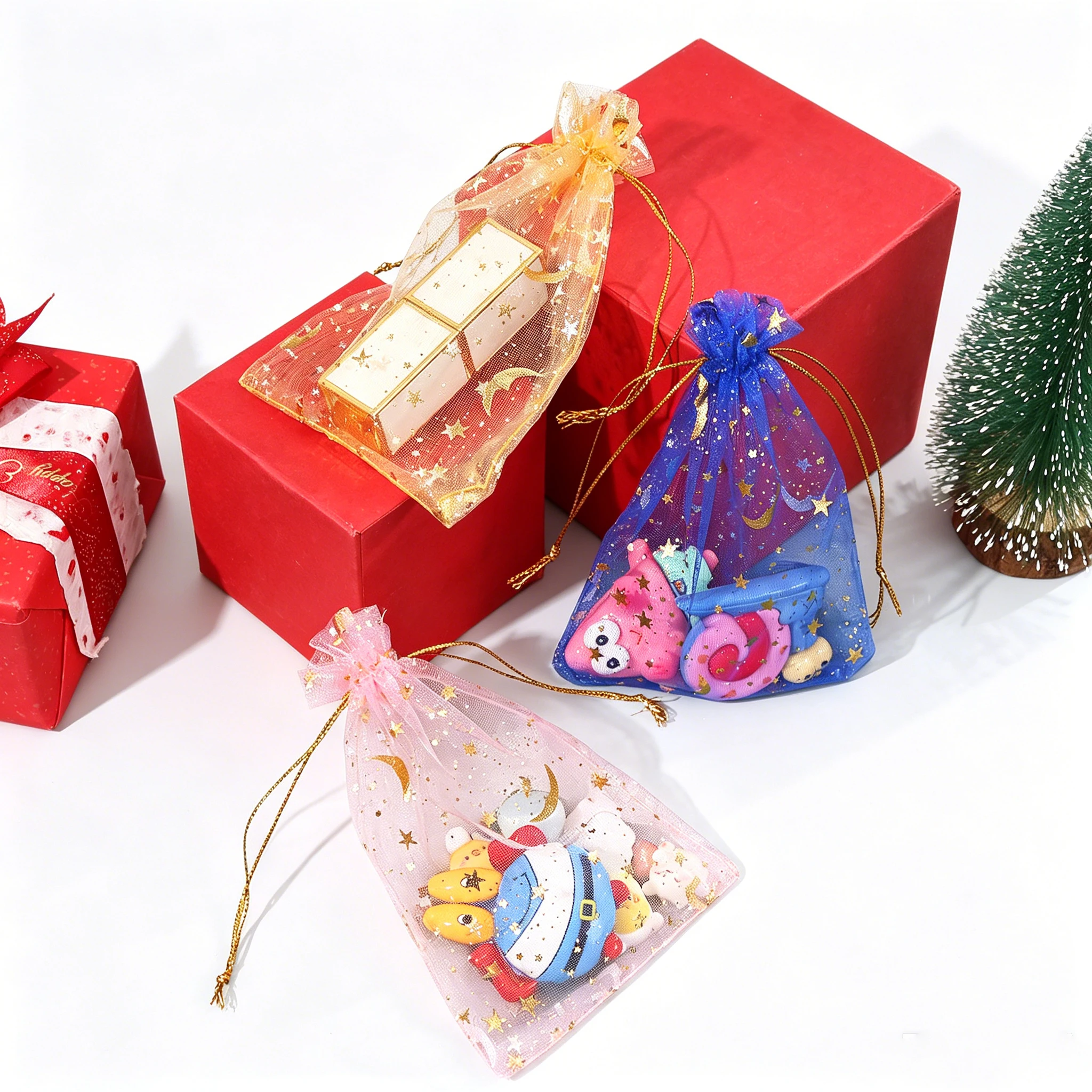 100pcs 7X9 9X12 10X15cm bronzed star moon gauze organza bag bundle mouth draw rope storage pouches cosmetic small articles bolsa