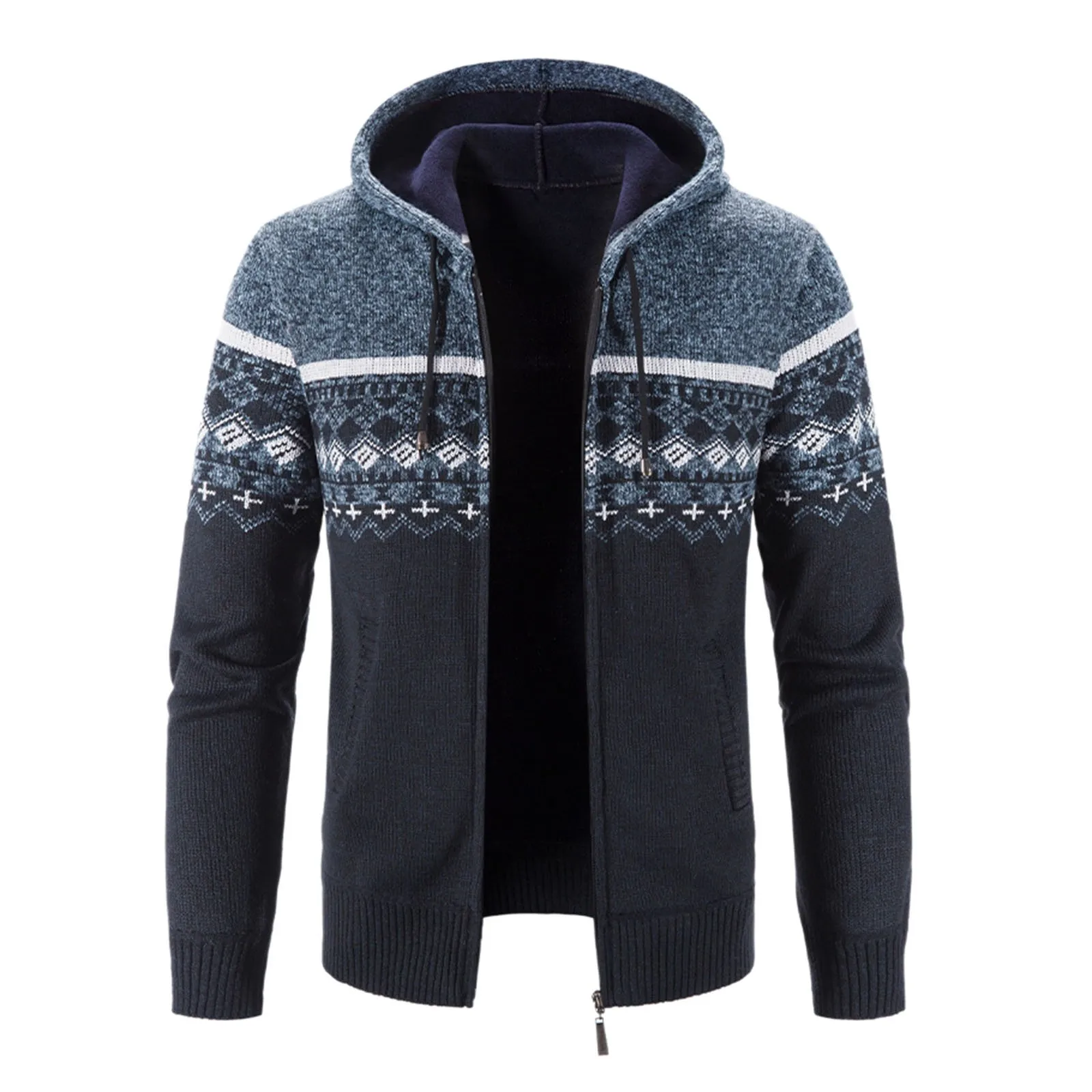 Men's Autumn Winter Knitted Zipper Fleece Hooded Jacket 2024 Long Sleeve Drawstring Warm Plus Size Sweatshirts Outwears Cardigan