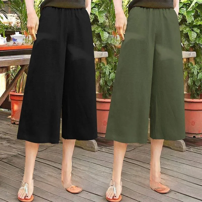 Elastic Waist Wide Leg Pants Women's Summer New Loose Artistic Versatile Slimming High Waist Seven-Foot Pants Casual Cotton