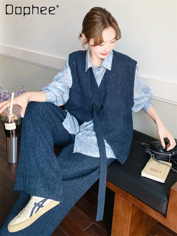 

Commuter Style Jacquard Shirt Vest Suit Spring Autumn Temperament Casual Fashion Three-piece Set Korean Ins Trend Denim Suit