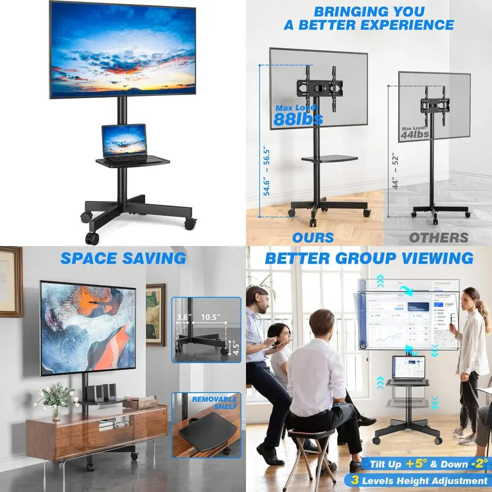 

Rolling TV Cart for 23-60 Inch TVs, Adjustable Shelf for LCD LED Flat or Curved Screens up to 88 lbs