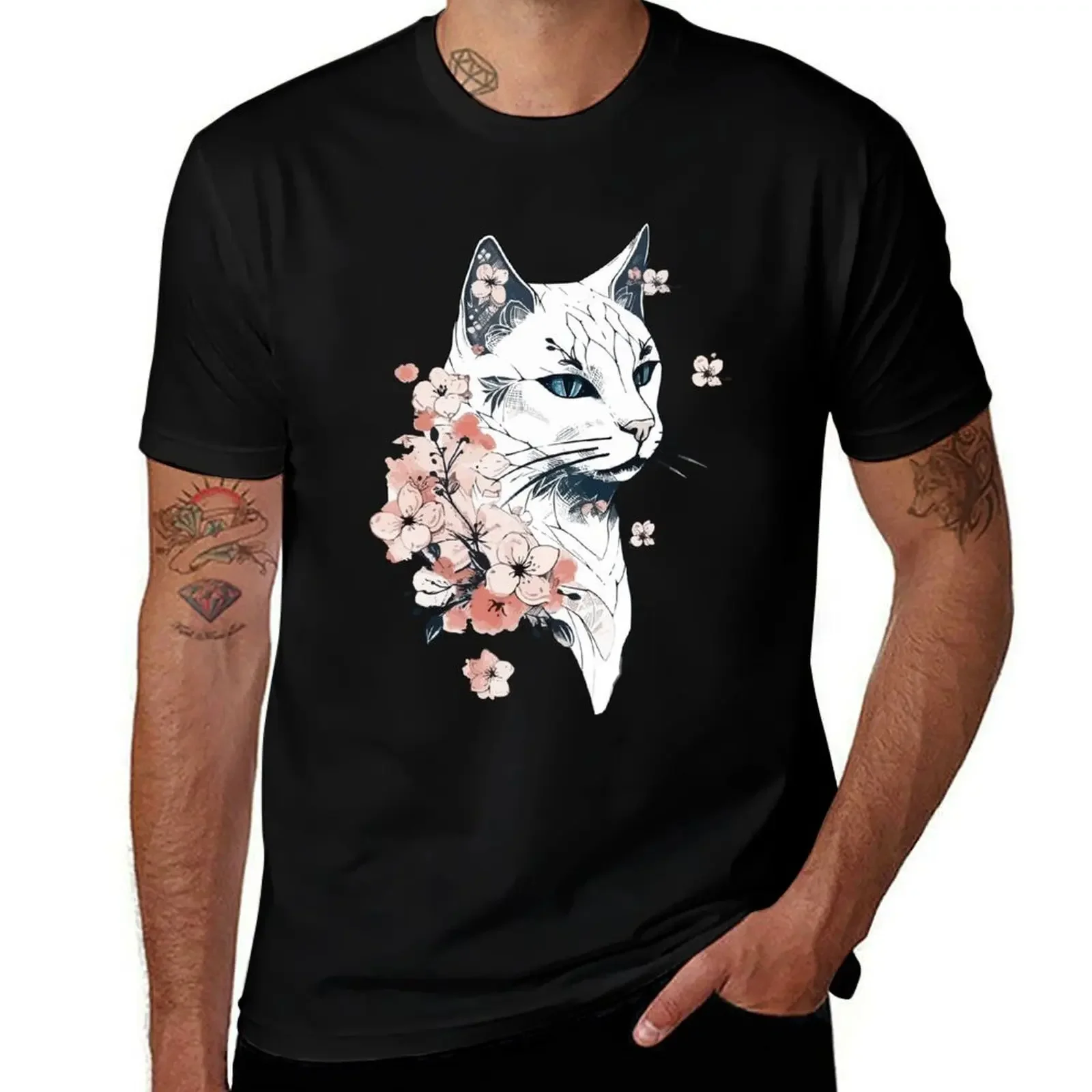 

Cat and cherry blossoms T-Shirt Aesthetic clothing customizeds oversized t shirt clothing for men