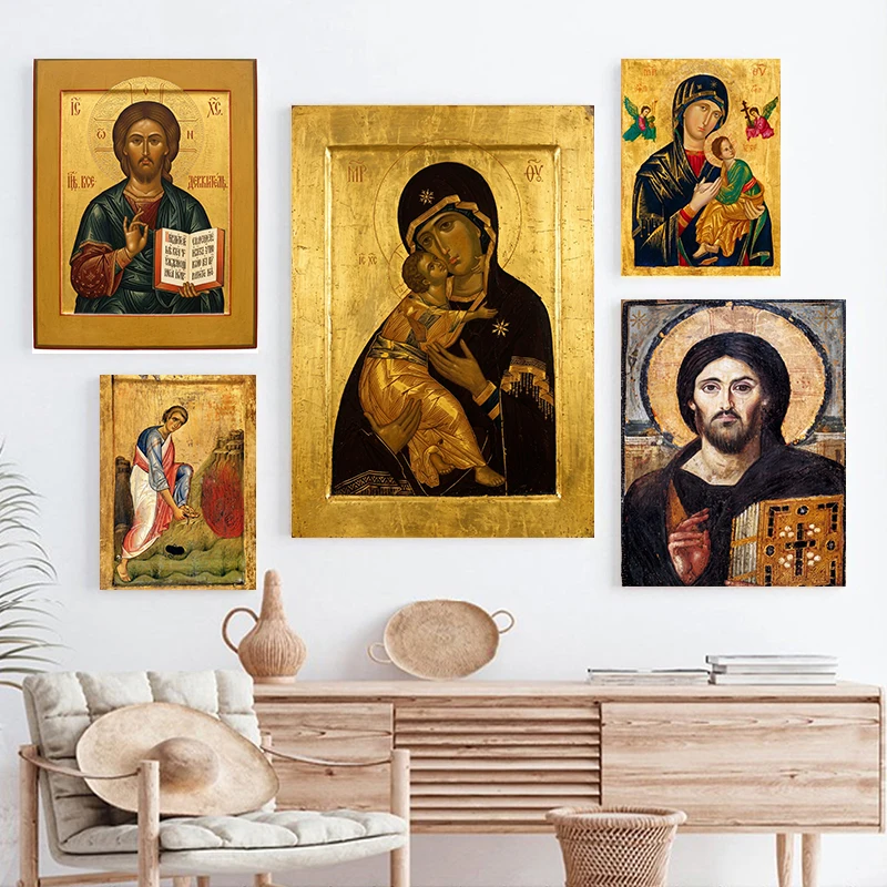 （With Frame)   Byzantine Orthodox Icon Canvas Wall Art Vintage Religious Christian Poster Home Church Wall Decor Believer Gift