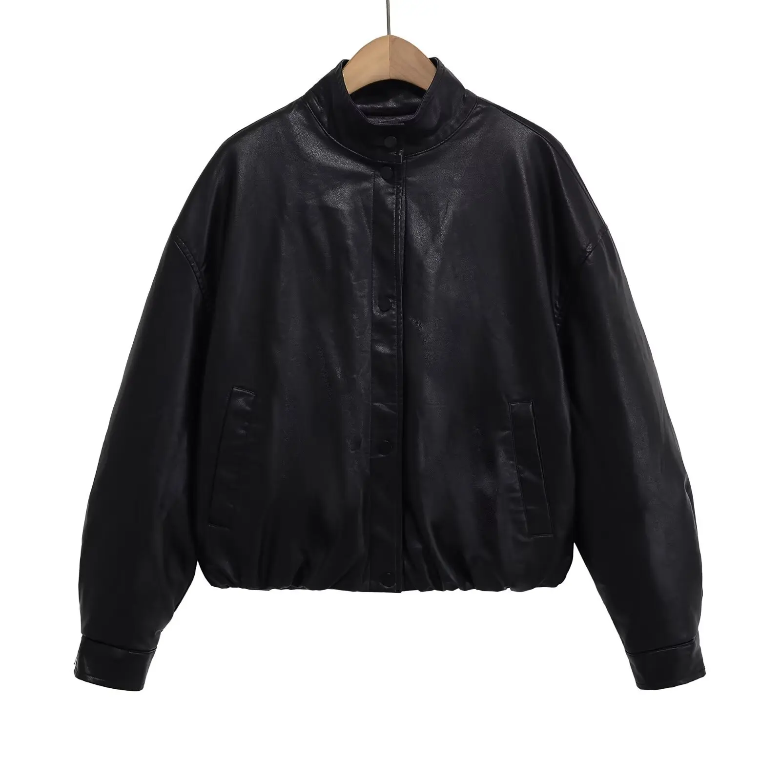 

KIDCRKJ Women Stylish Black High Collar Female Leather Bomber Jacket Elasticated Front Hem New Spring Snap Button Lady Outwears