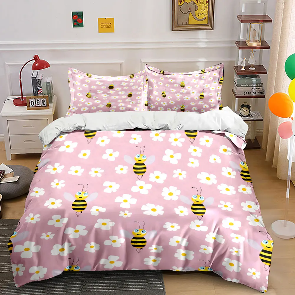Bees and White Flowers on Pink Pattern Bedding Set for Kids Luxury Gift 3pcs Digital Print Comforter Set Soft Comfortable