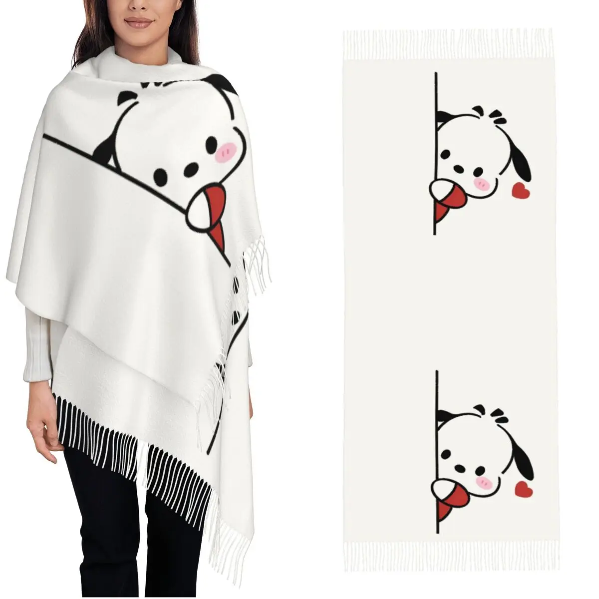 Cute Pochacco Kawaii Dog Scarf for Women Winter Warm Pashmina Shawl Wrap Long Large Scarves with Tassel Daily Wear