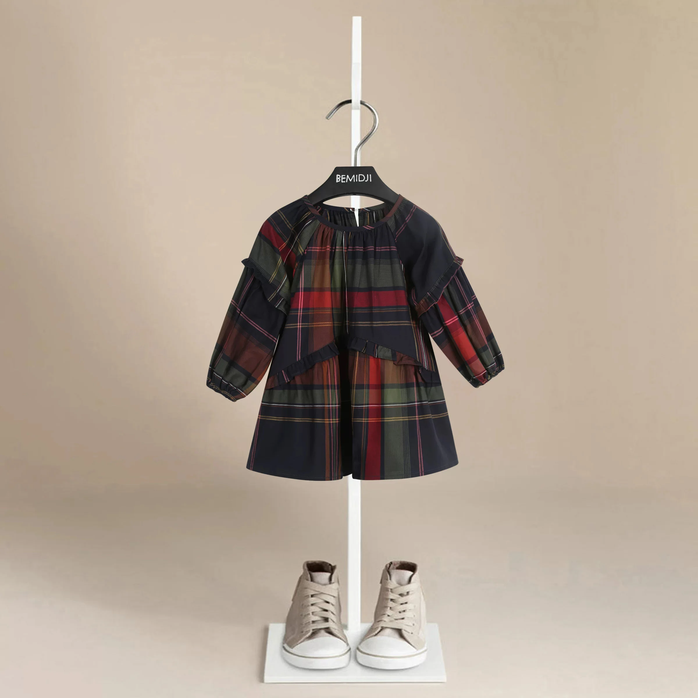 Autumn And Winter 2-7 Years Old Cool Girl Dress Long Sleeve Checkered Patchwork Top Princess Dress With