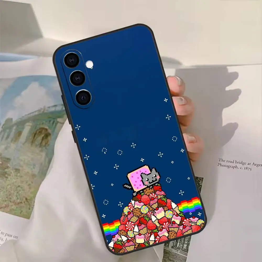 حافظة هاتف لطيفة N-Nyan C-Cat لهاتف سامسونج جالاكسي A20,21s,22,31,32,52,53,72,73,80,91 غلاف أسود ناعم