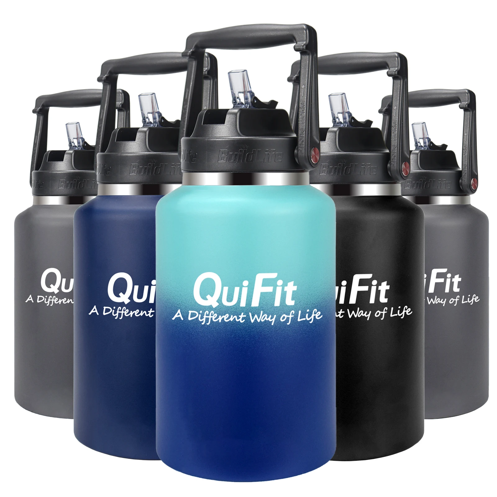 

Quift One Gallon 3.8L 128OZ 2L 64OZ Water Bottle Insulated Vacuum Double Wall Stainless Steel Wide Mouth Straw Lid 64 OZ Large